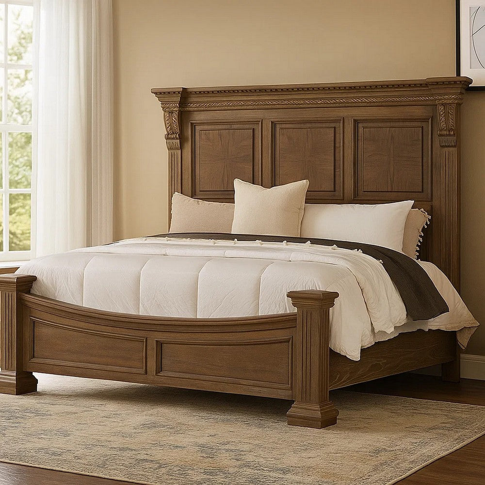 Reven King Bed | Weathered Oak | Solid Wood | Intricate Carved Details BM342519