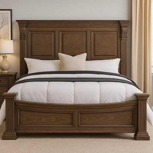 Reven King Bed | Weathered Oak | Solid Wood | Intricate Carved Details