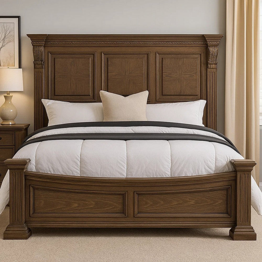 Reven King Bed | Weathered Oak | Solid Wood | Intricate Carved Details