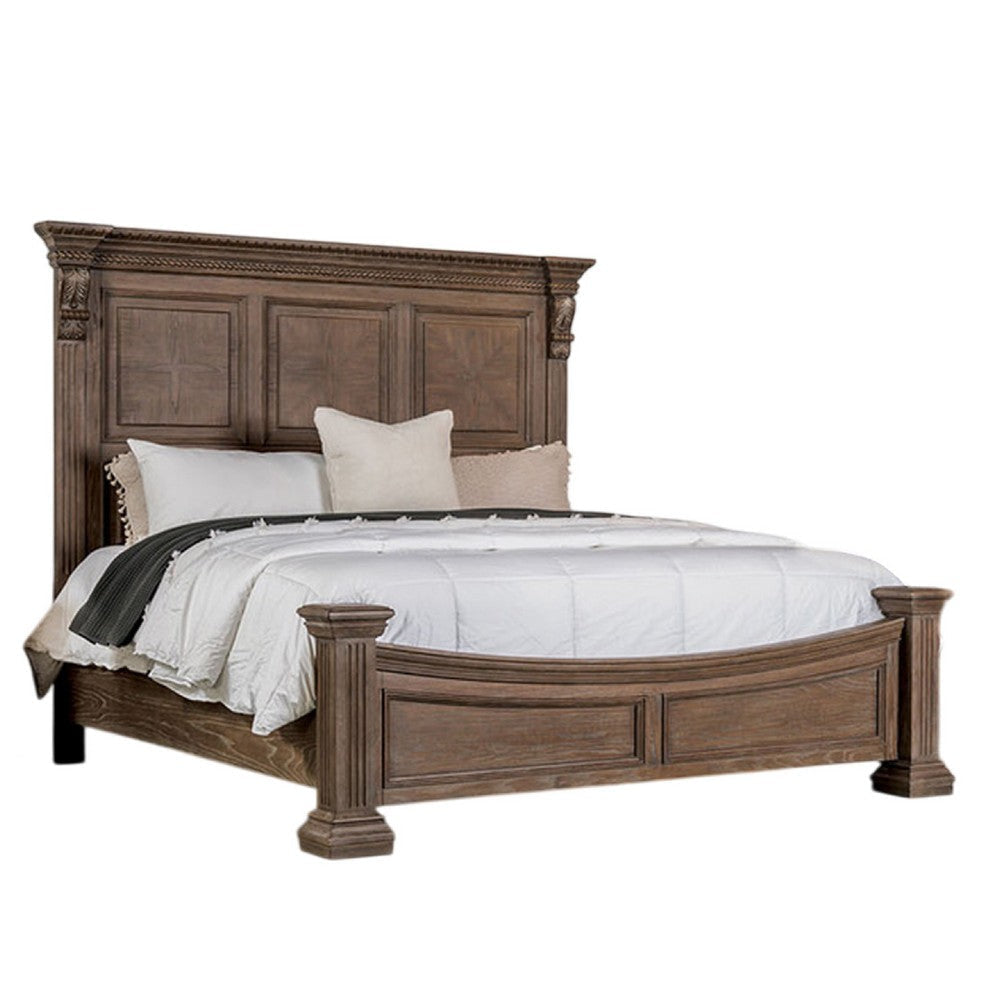 Reven King Bed | Weathered Oak | Solid Wood | Intricate Carved Details BM342519