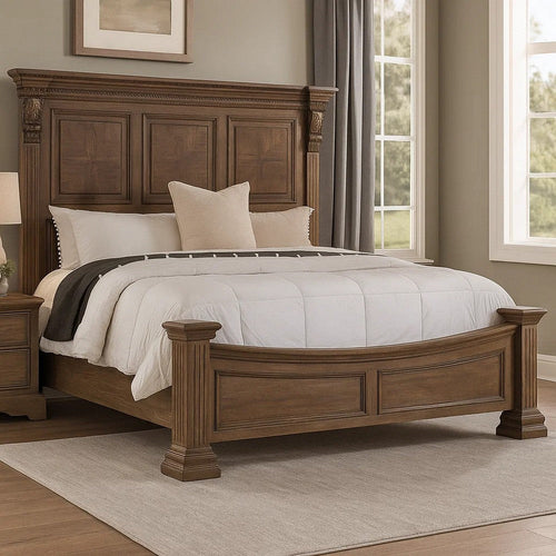 Reven Queen Bed | Weathered Oak Solid Wood | Intricate Carved Details