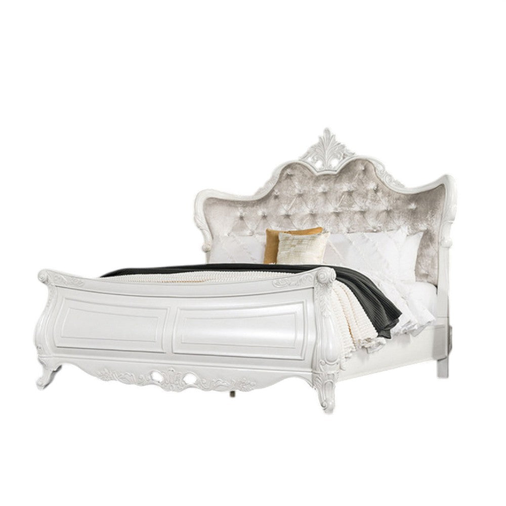 Valena King Size Bed | Ivory Upholstery | Wingback | Crown Carved Top BM342521