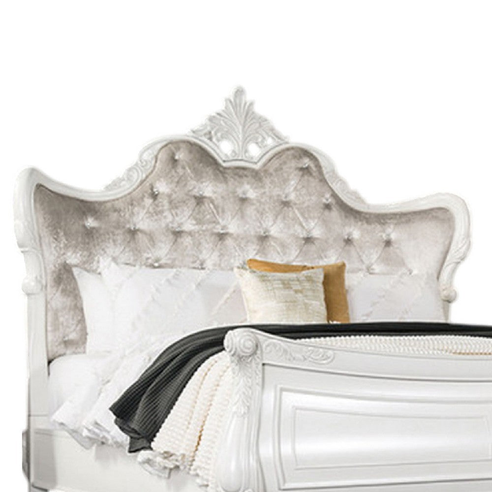 Valena King Size Bed | Ivory Upholstery | Wingback | Crown Carved Top BM342521