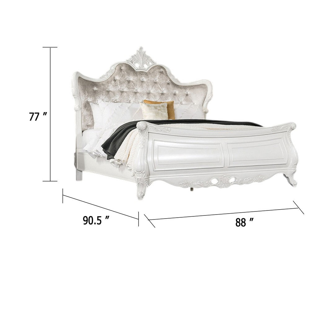 Valena King Size Bed | Ivory Upholstery | Wingback | Crown Carved Top BM342521