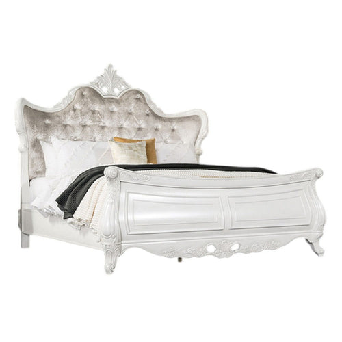 Valena King Size Bed | Ivory Upholstery | Wingback | Crown Carved Top