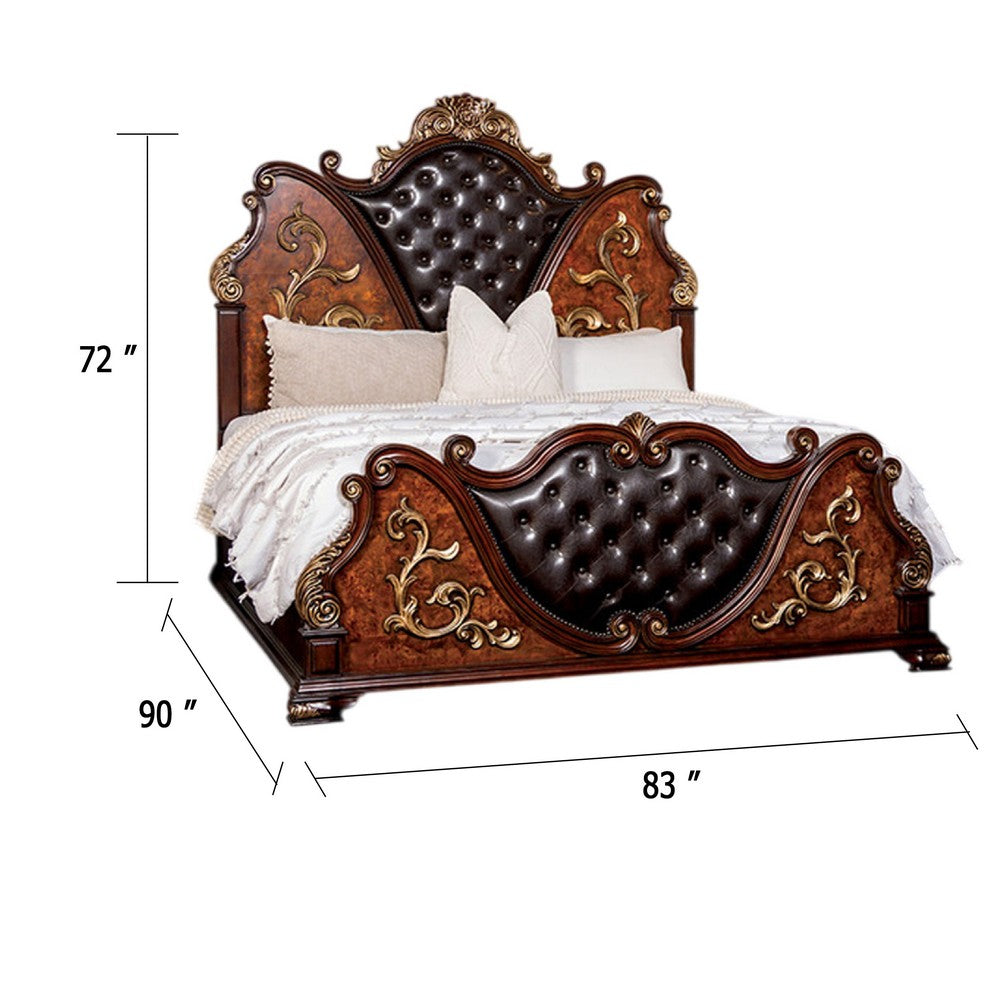 Iliana King Bed | Dark Cherry Brown | Black Faux Leather | Gold Carvings
