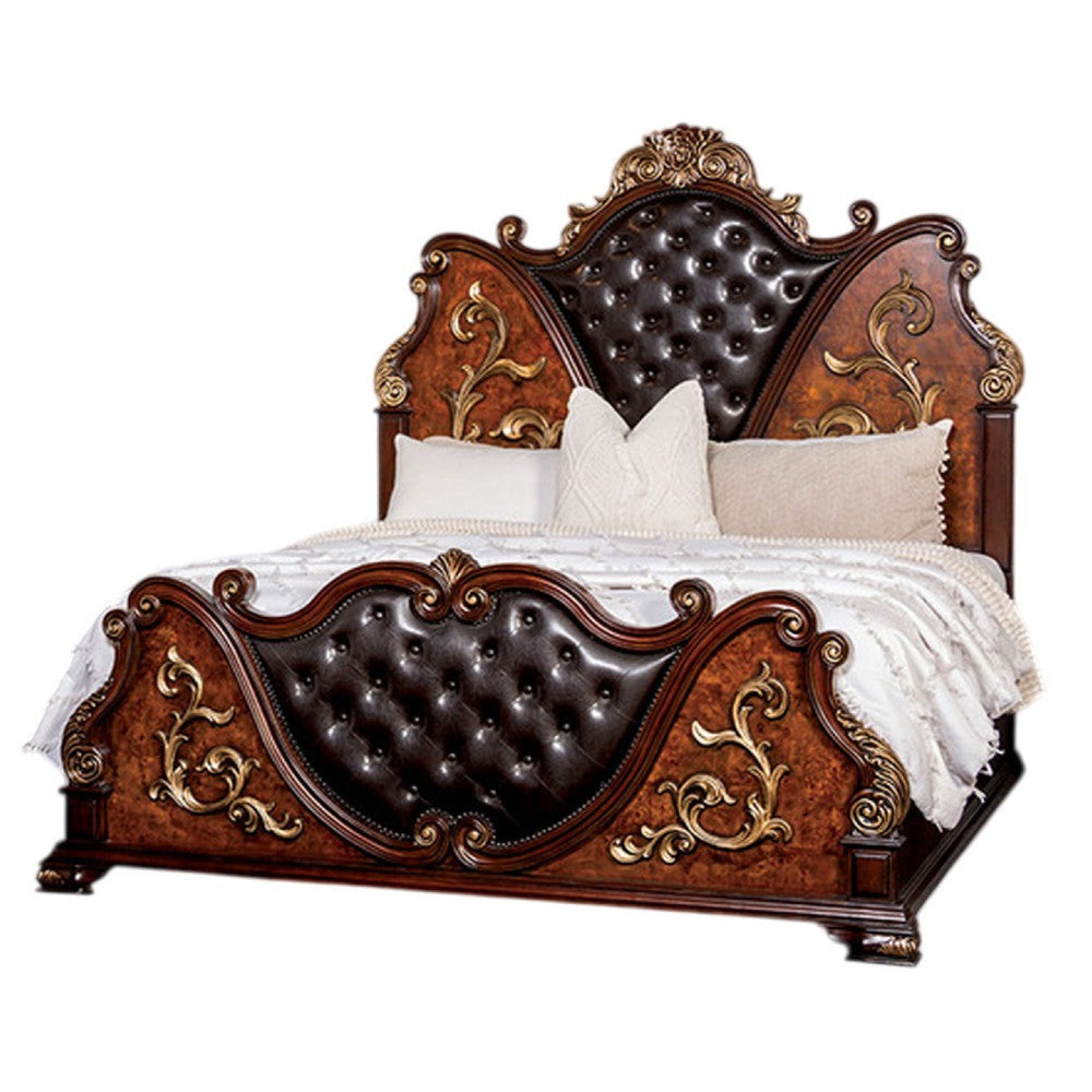 Iliana Queen Bed | Dark Cherry Brown | Black Faux Leather | Gold Carvings BM342523
