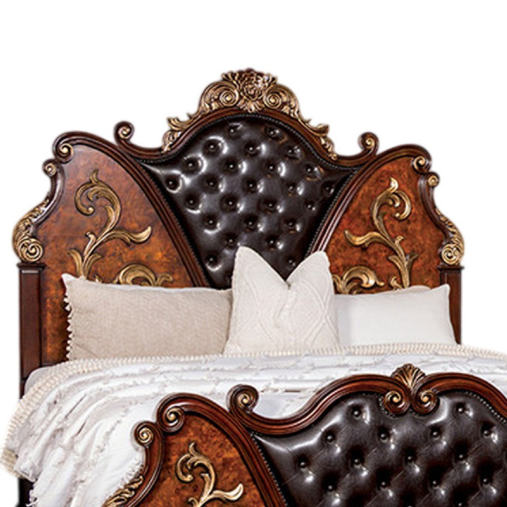 Iliana Queen Bed | Dark Cherry Brown | Black Faux Leather | Gold Carvings BM342523