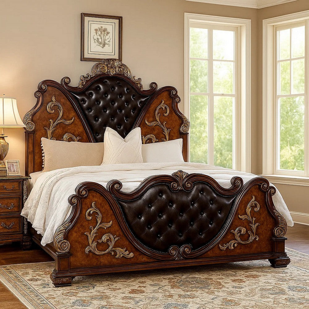 Iliana Queen Bed | Dark Cherry Brown | Black Faux Leather | Gold Carvings BM342523