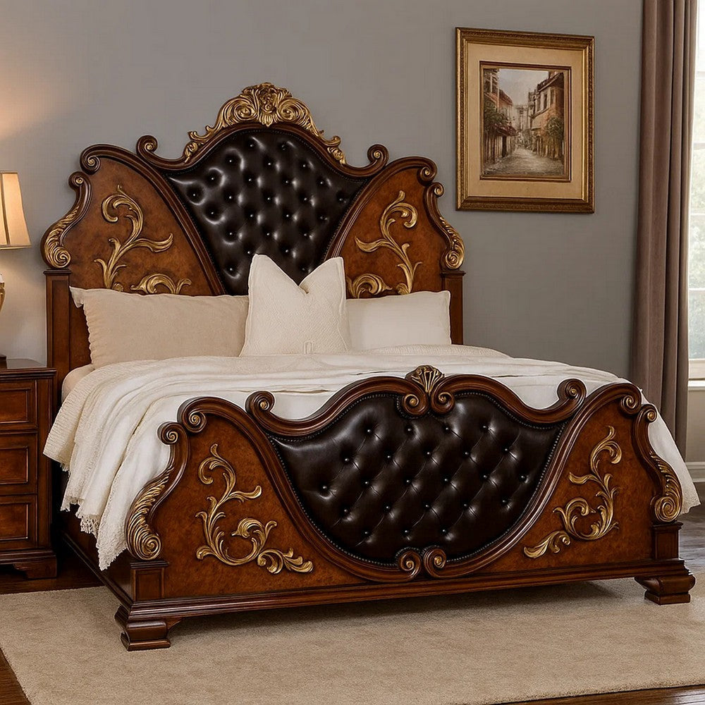 Iliana Queen Bed | Dark Cherry Brown | Black Faux Leather | Gold Carvings