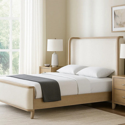 Fea Queen Bed | Natural Oak | Shelter Padded Headboard | White Upholstery