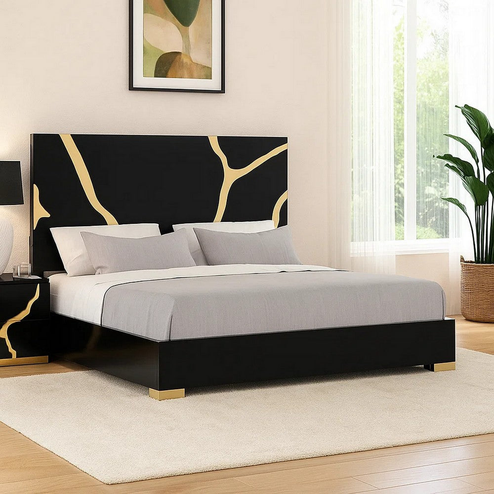 Goldie Queen Size Bed | Gold and Black Contemporary Bed | Solid Wood BM342526