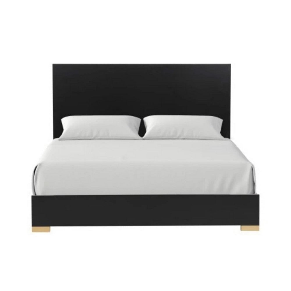 Goldie Queen Size Panel Bed | Black & Gold Pine Wood | Contemporary BM342527