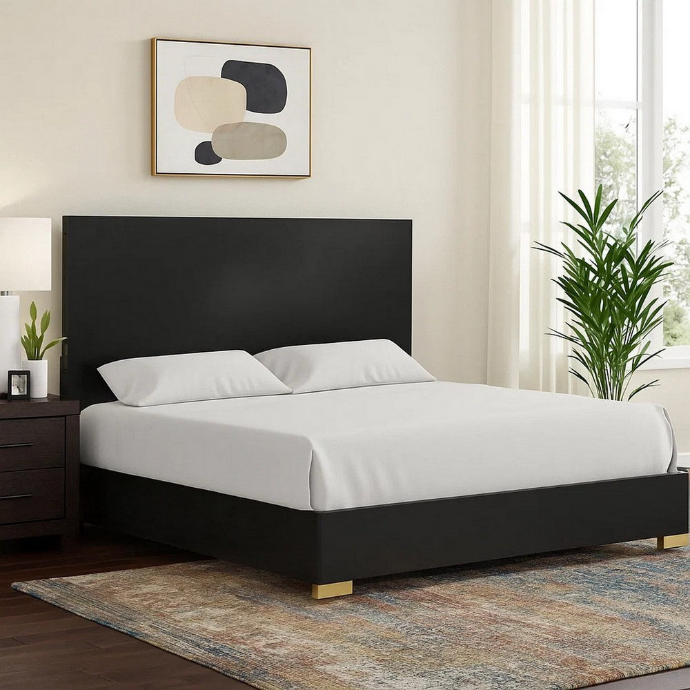 Goldie Queen Size Panel Bed | Black & Gold Pine Wood | Contemporary BM342527