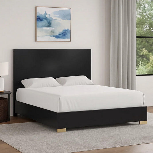 Goldie Queen Size Panel Bed | Black & Gold Pine Wood | Contemporary