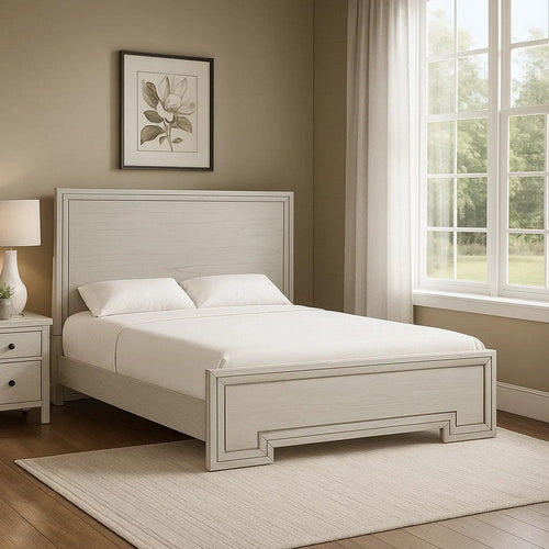 Basil King Size Bed | Rustic White Solid Wood | Transitional Panel Design