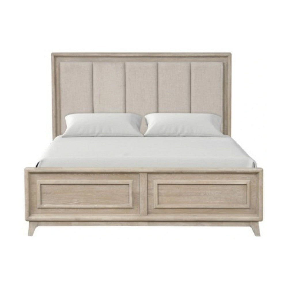 Myna King Bed | Solid Wood | Ivory Channel Padded Upholstery | Oak Brown BM342531