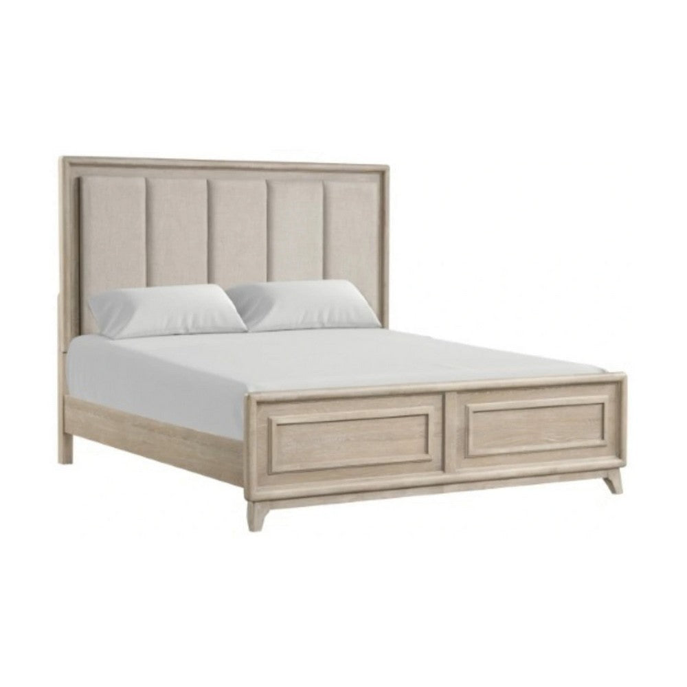Myna King Bed | Solid Wood | Ivory Channel Padded Upholstery | Oak Brown BM342531