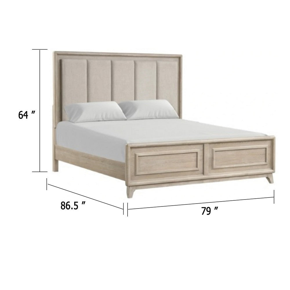 Myna King Bed | Solid Wood | Ivory Channel Padded Upholstery | Oak Brown BM342531