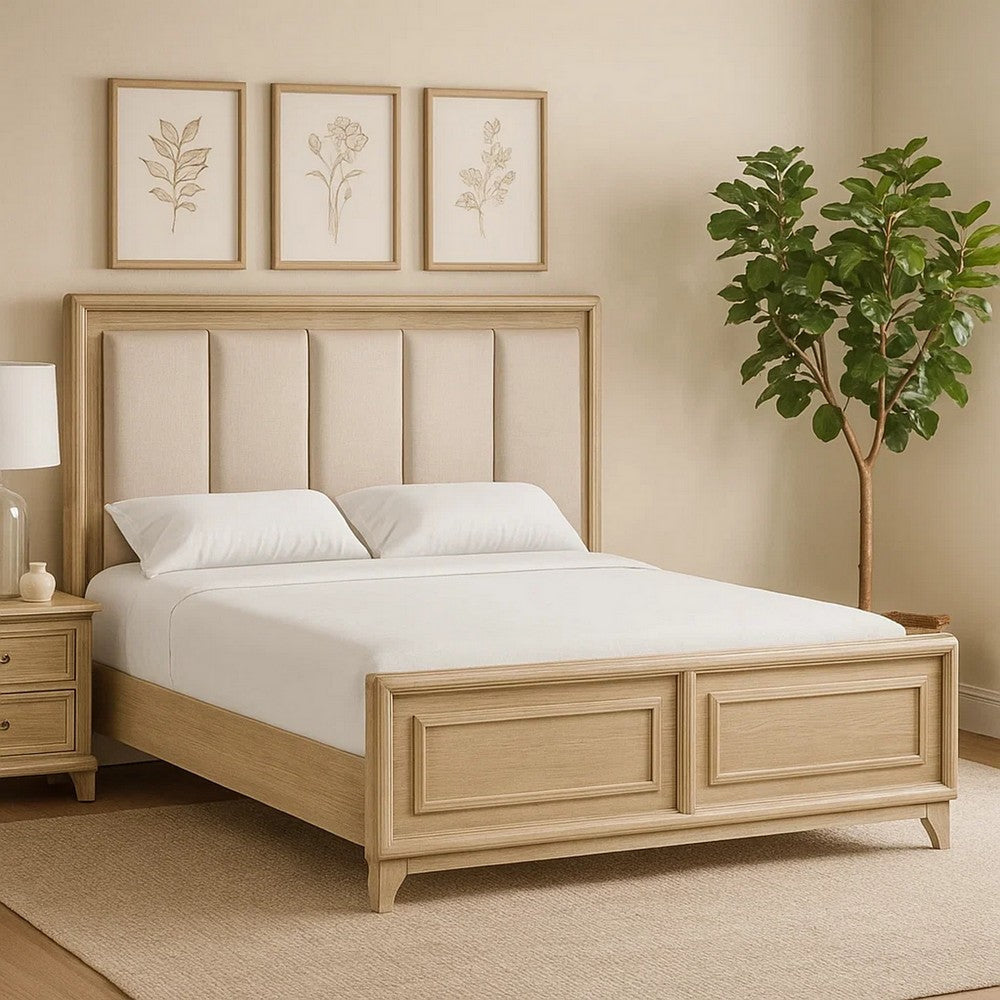 Myna King Bed | Solid Wood | Ivory Channel Padded Upholstery | Oak Brown BM342531