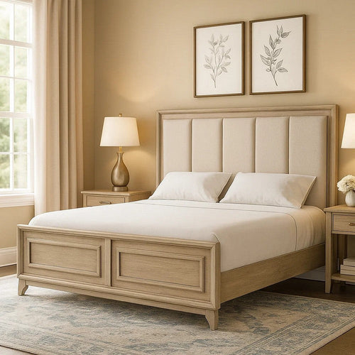 Myna King Bed | Solid Wood | Ivory Channel Padded Upholstery | Oak Brown