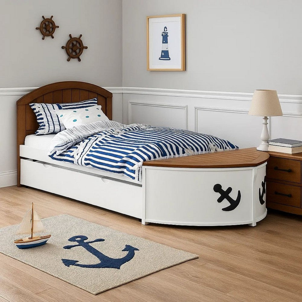 Evon Twin Captain Bed w Trundle | White | Oak Brown | Nautical Coastal Theme