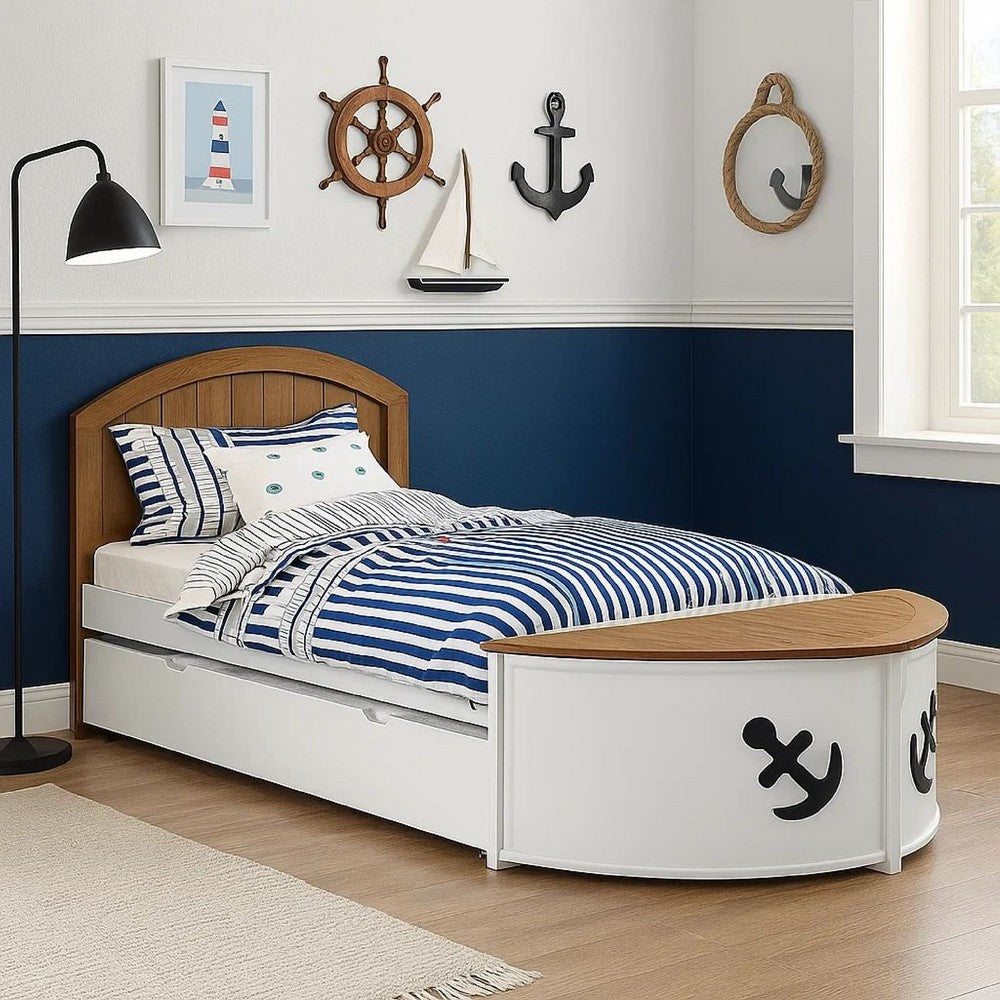 Evon Twin Captain Bed w Trundle | White | Oak Brown | Nautical Coastal Theme