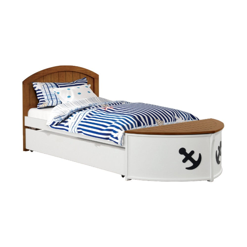 Evon Twin Captain Bed w Trundle | White | Oak Brown | Nautical Coastal Theme