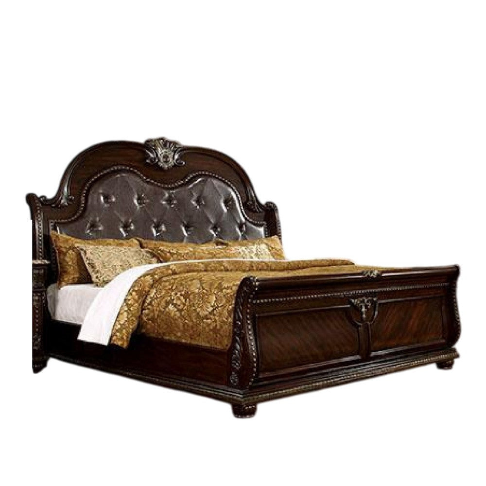 Kera Queen Bed | Brown Cherry Faux Faux Leather Padded Upholstery BM342533
