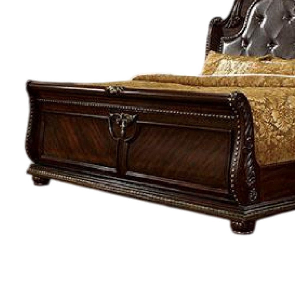 Kera Queen Bed | Brown Cherry Faux Faux Leather Padded Upholstery BM342533