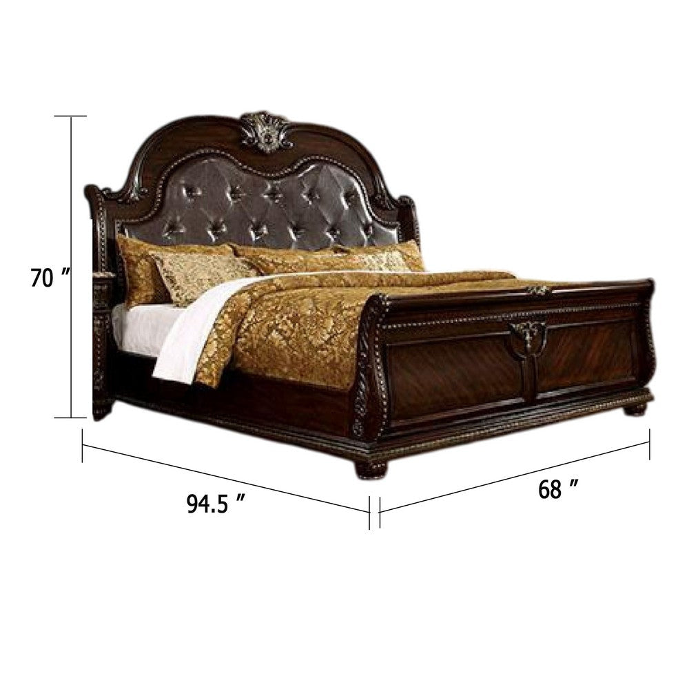 Kera Queen Bed | Brown Cherry Faux Faux Leather Padded Upholstery BM342533