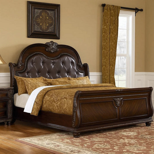 Kera Queen Bed | Brown Cherry Faux Faux Leather Padded Upholstery