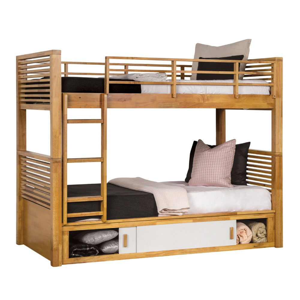 Dilu Twin over Twin Bunk Bed | Light Oak Brown Hardwood | Reversible Ladder BM342535