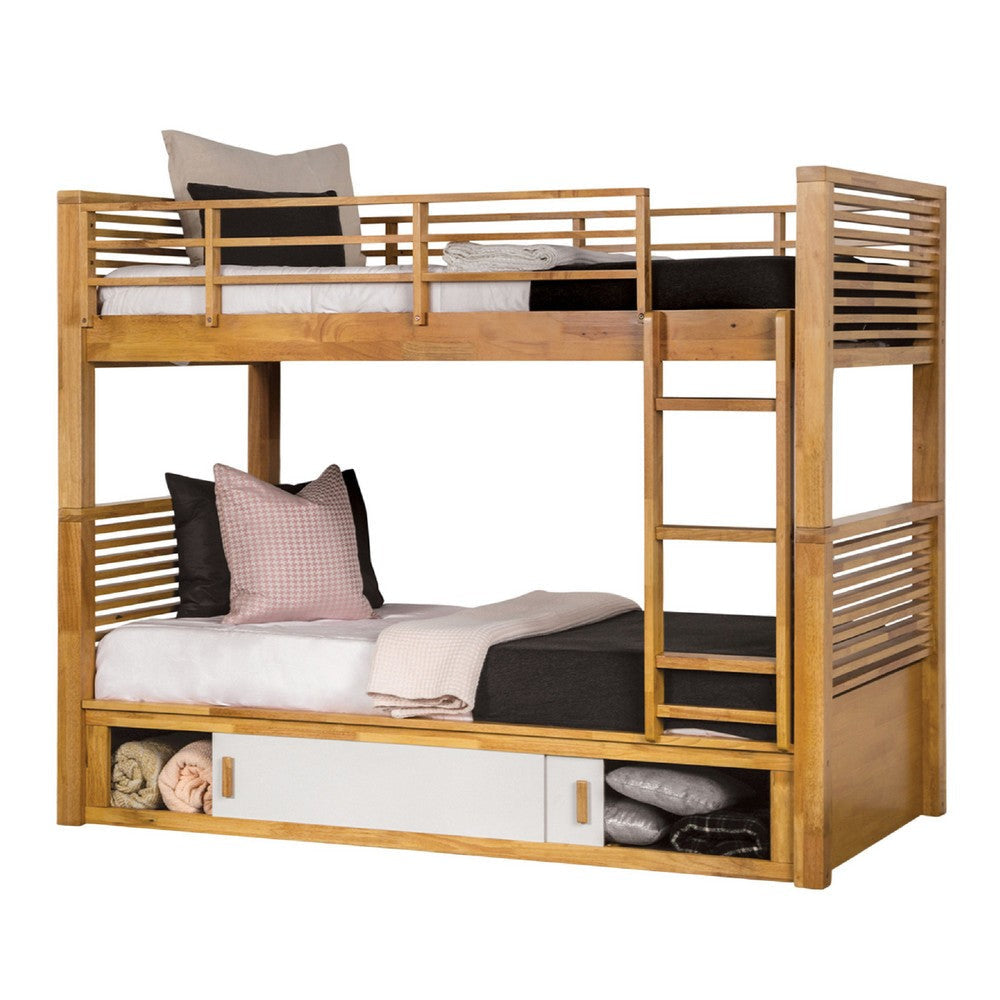 Dilu Twin over Twin Bunk Bed | Light Oak Brown Hardwood | Reversible Ladder BM342535