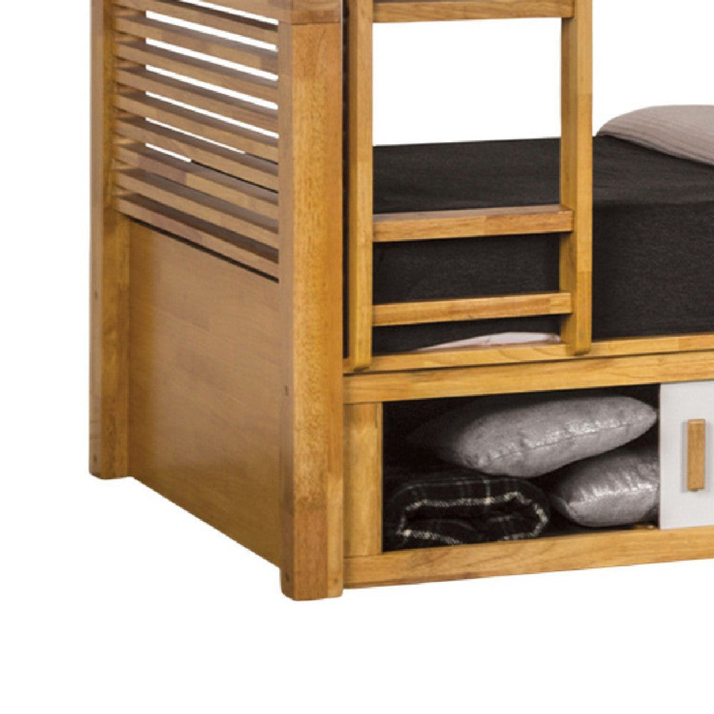 Dilu Twin over Twin Bunk Bed | Light Oak Brown Hardwood | Reversible Ladder BM342535