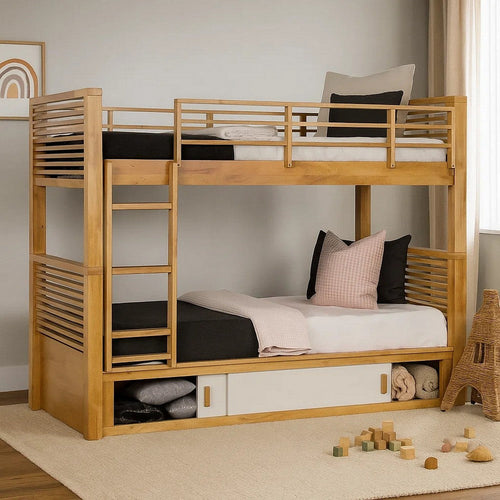 Dilu Twin over Twin Bunk Bed | Light Oak Brown Hardwood | Reversible Ladder