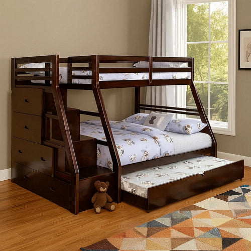 Ellon Twin over Full Bunk Bed | Trundle | Espresso Brown Wood | Drawers