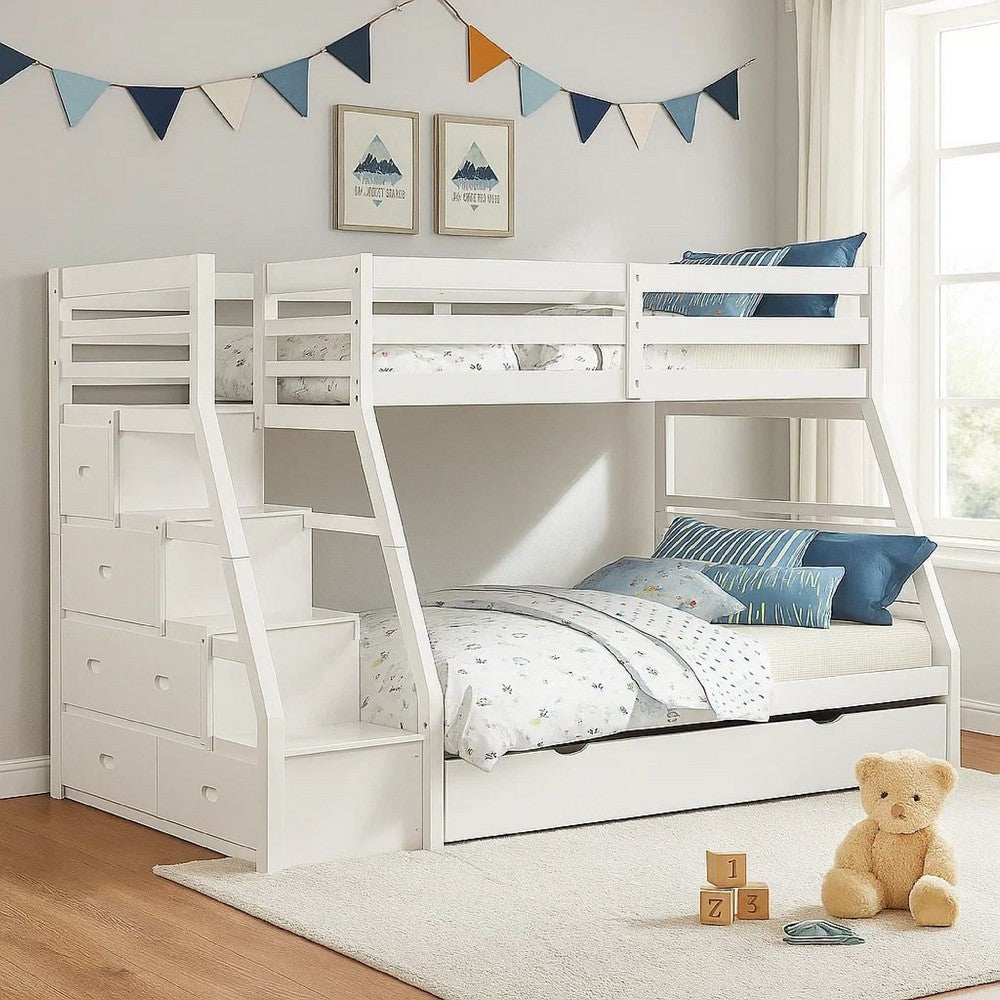 Ellon Twin over Full Bunk Bed | Trundle | White Wood | Storage Drawers