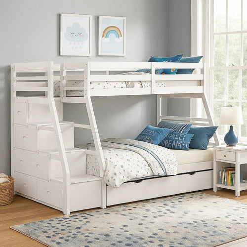 Ellon Twin over Full Bunk Bed | Trundle | White Wood | Storage Drawers