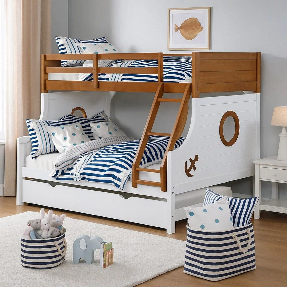 Nexo Twin over Full Bunk Bed w Trundle | Oak Brown | White | Solid Wood