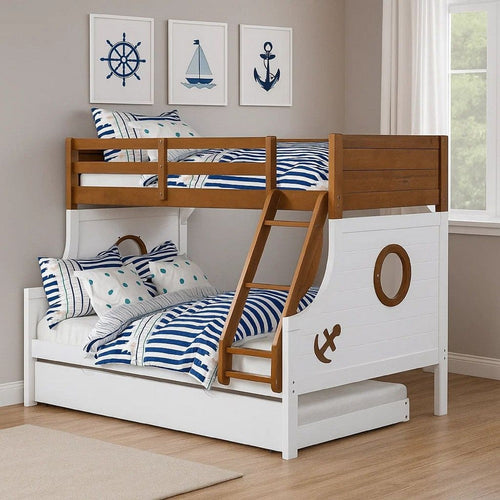 Nexo Twin over Full Bunk Bed w Trundle | Oak Brown | White | Solid Wood