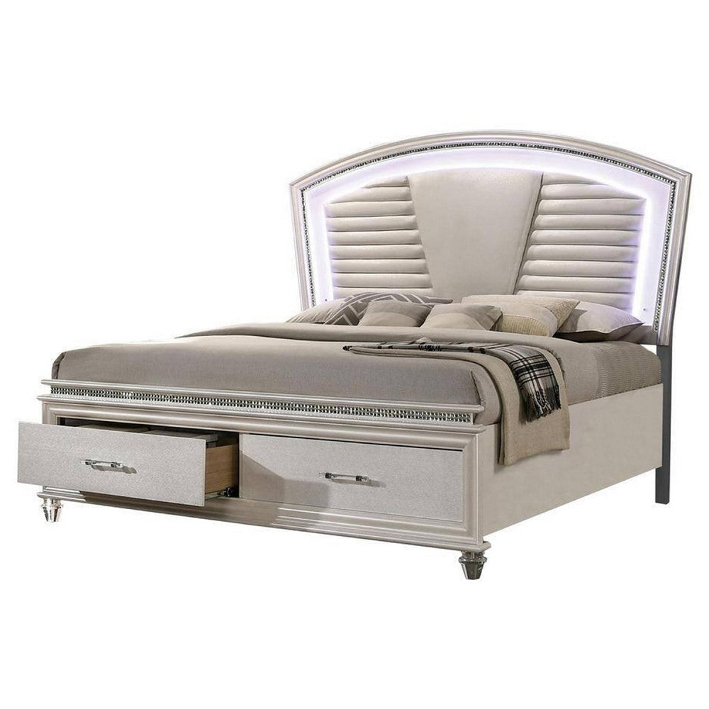 Sam California King Bed w LED | Storage | White Tufted Faux Leather