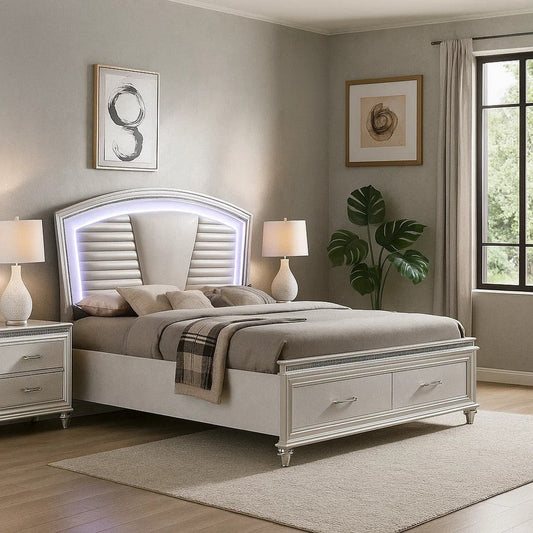 Sam California King Bed w LED | Storage | White Tufted Faux Leather