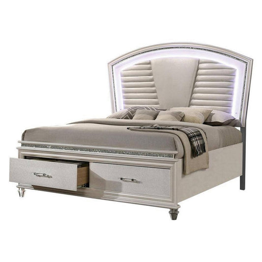 Sam King Bed w LED Lights | Storage | White Tufted Faux Leather