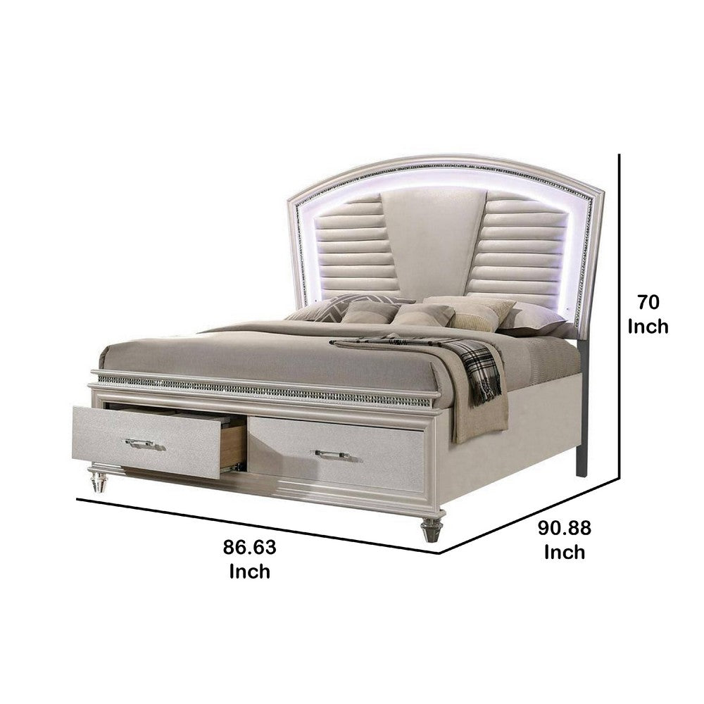Sam King Bed w LED Lights | Storage | White Tufted Faux Leather