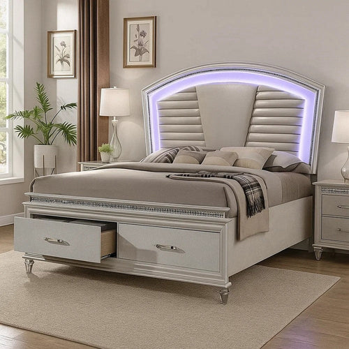 Sam Queen Bed w LED Lights | Storage | White Tufted Faux Leather