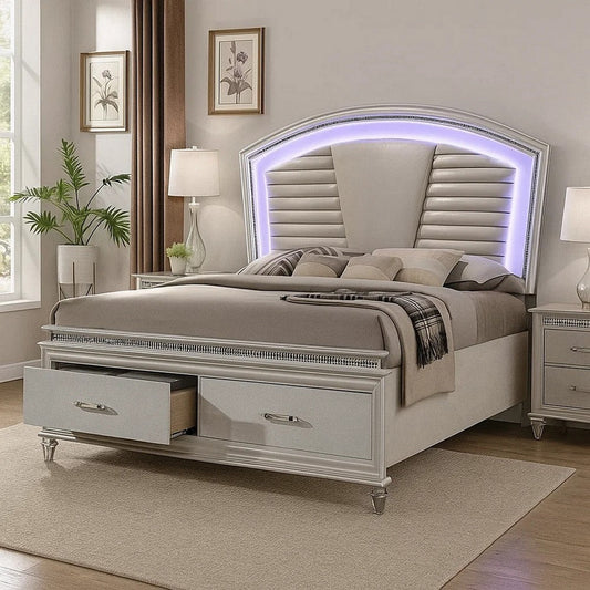 Sam Queen Bed w LED Lights | Storage | White Tufted Faux Leather