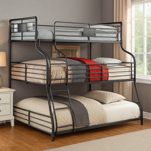 Oggy 3 Tier Twin over Full over Queen Triple Bunk Bed | Black Metal