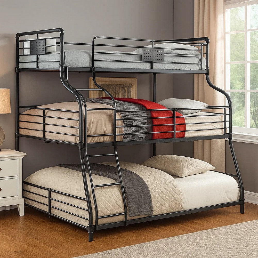 Oggy 3 Tier Twin over Full over Queen Triple Bunk Bed | Black Metal