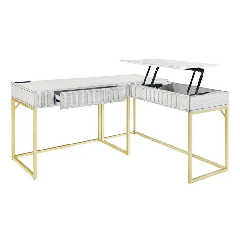Fredie Corner Desk w Lift-Top USB Port | Gold Frame | Antique White